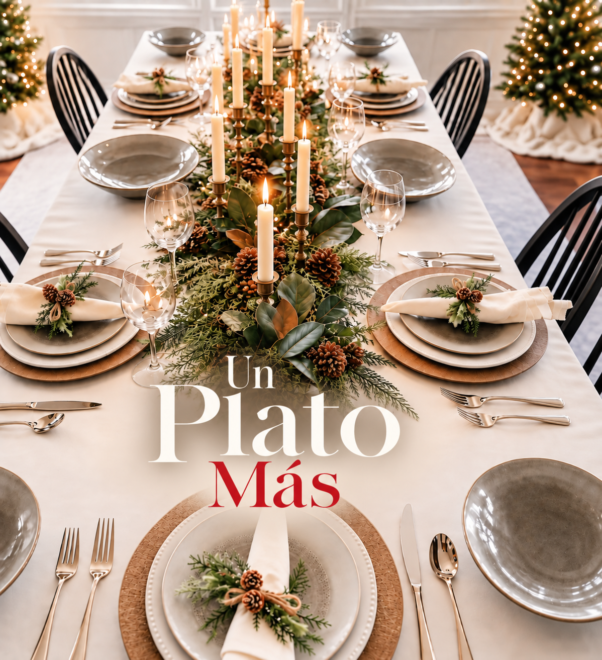 Un Plato Más key art showing an elegant holiday dinner table