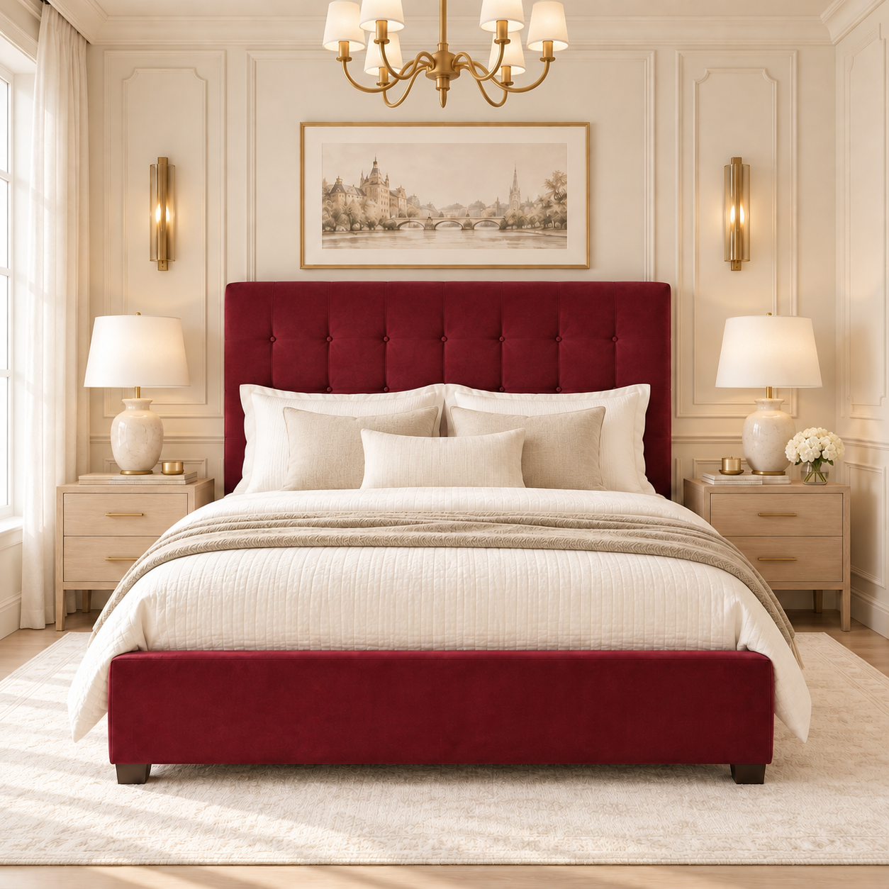 A refined bedroom featuring a custom burgundy upholstered bed by Arabelis Griffin