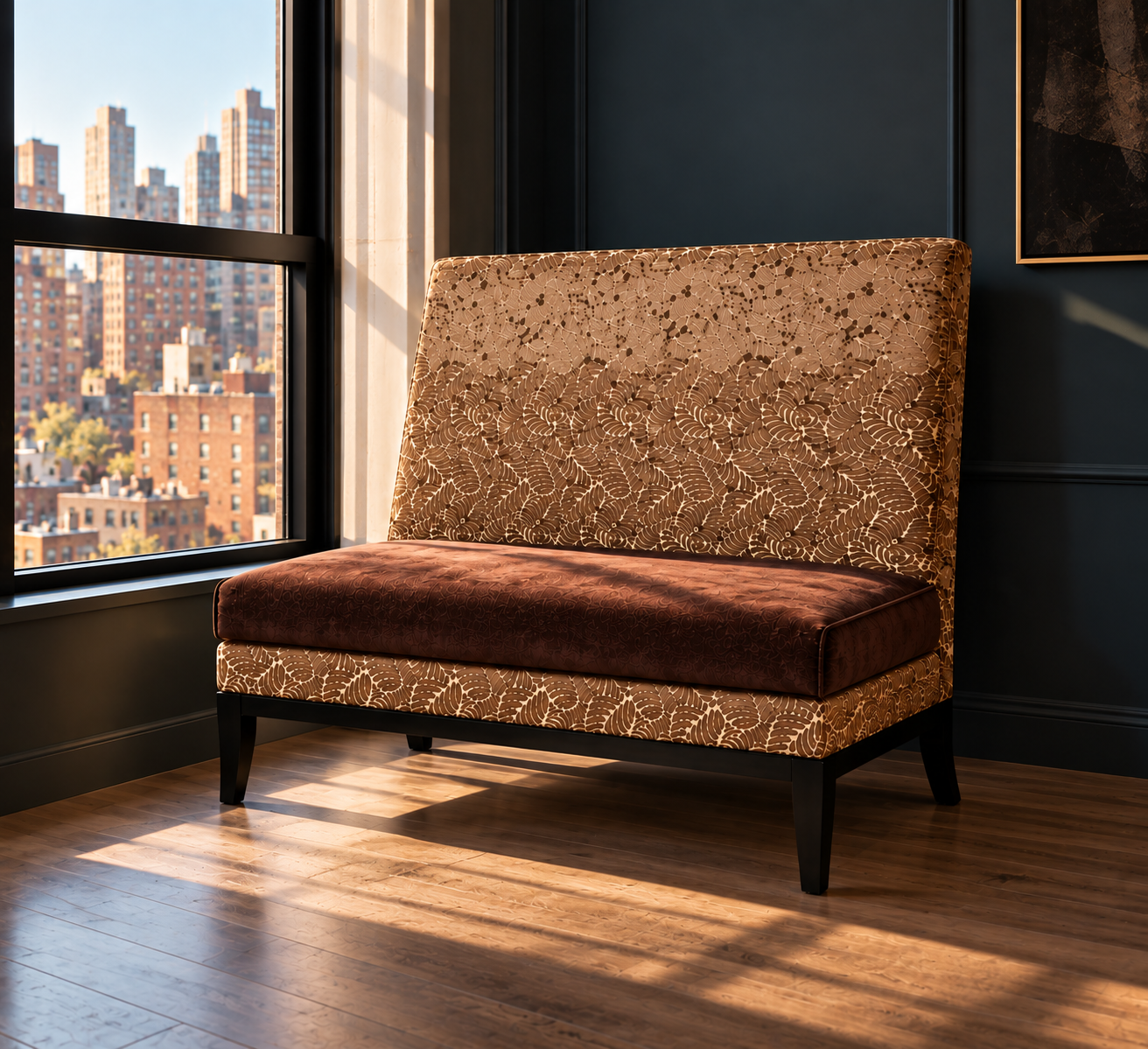 A custom reupholstered chair by Arabelis Griffin in a city interior